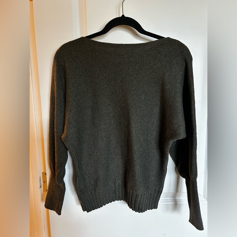 Boatneck, batwing, olive sweater.